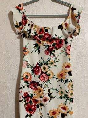 Floral Ruffle Off-Shoulder Mini Dress in Cream and Red